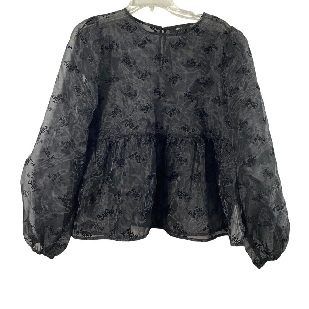 Womens Sheer Blouse Size Large Black Floral Babydoll Top Whimsygoth Dark Fairy